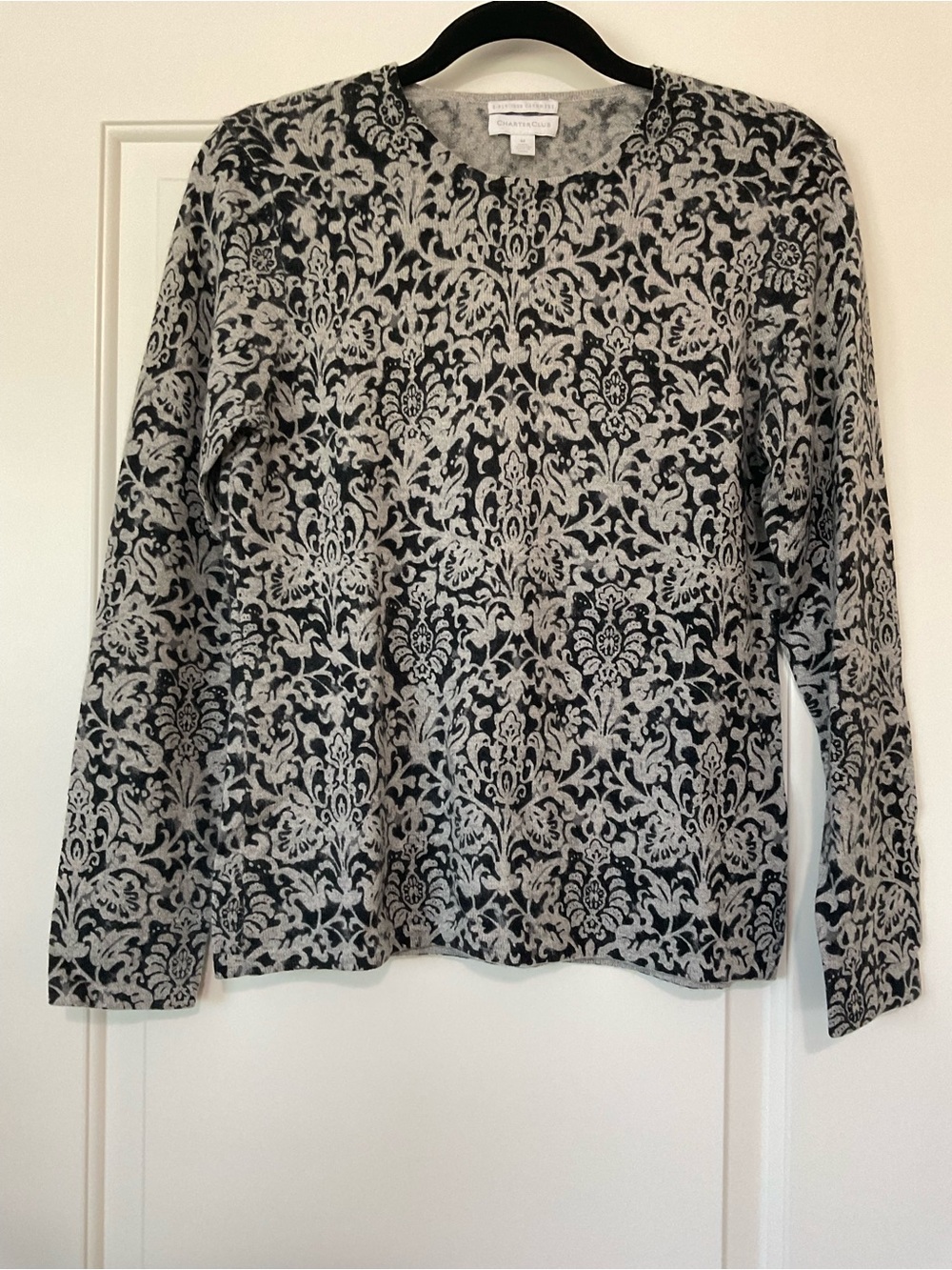 Charter Club Gray & Black Damask Cashmere Sweater